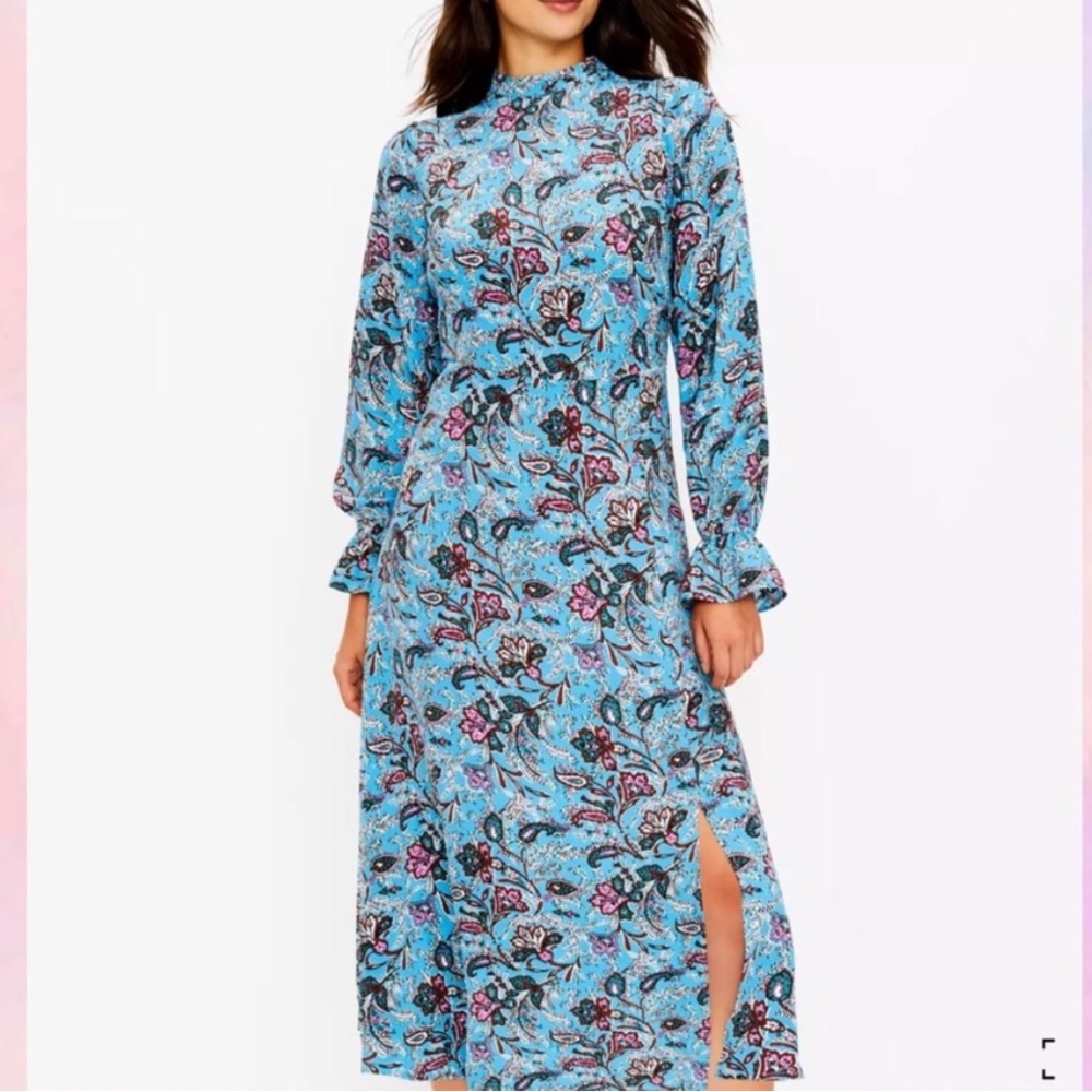 Ann Taylor LOFT Bouquet High Mock Neck Floral Midi Dress In Pink Blue Size 6